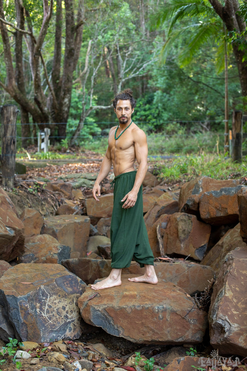 Aladdin Mens Drop Crotch Cotton Pants Green Yogi Ashtanga Asana Harem Alibaba Yoga Afghani pocket trousers comfortable tai chi gong AJJAYA