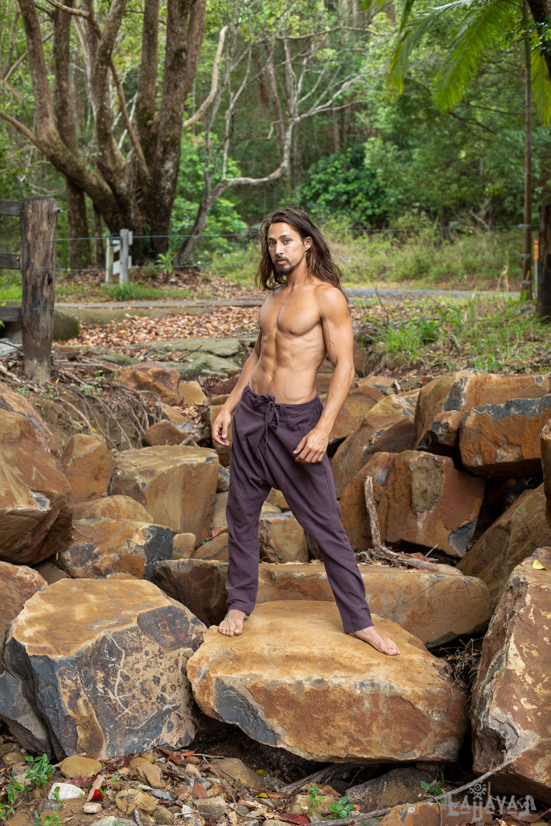 Sarouel en coton pour hommes marron entrejambe Alibaba Yoga confortable respirant taille unique coupe ample Festival pantalon Boho Hippie naturel terreux AJJAYA
