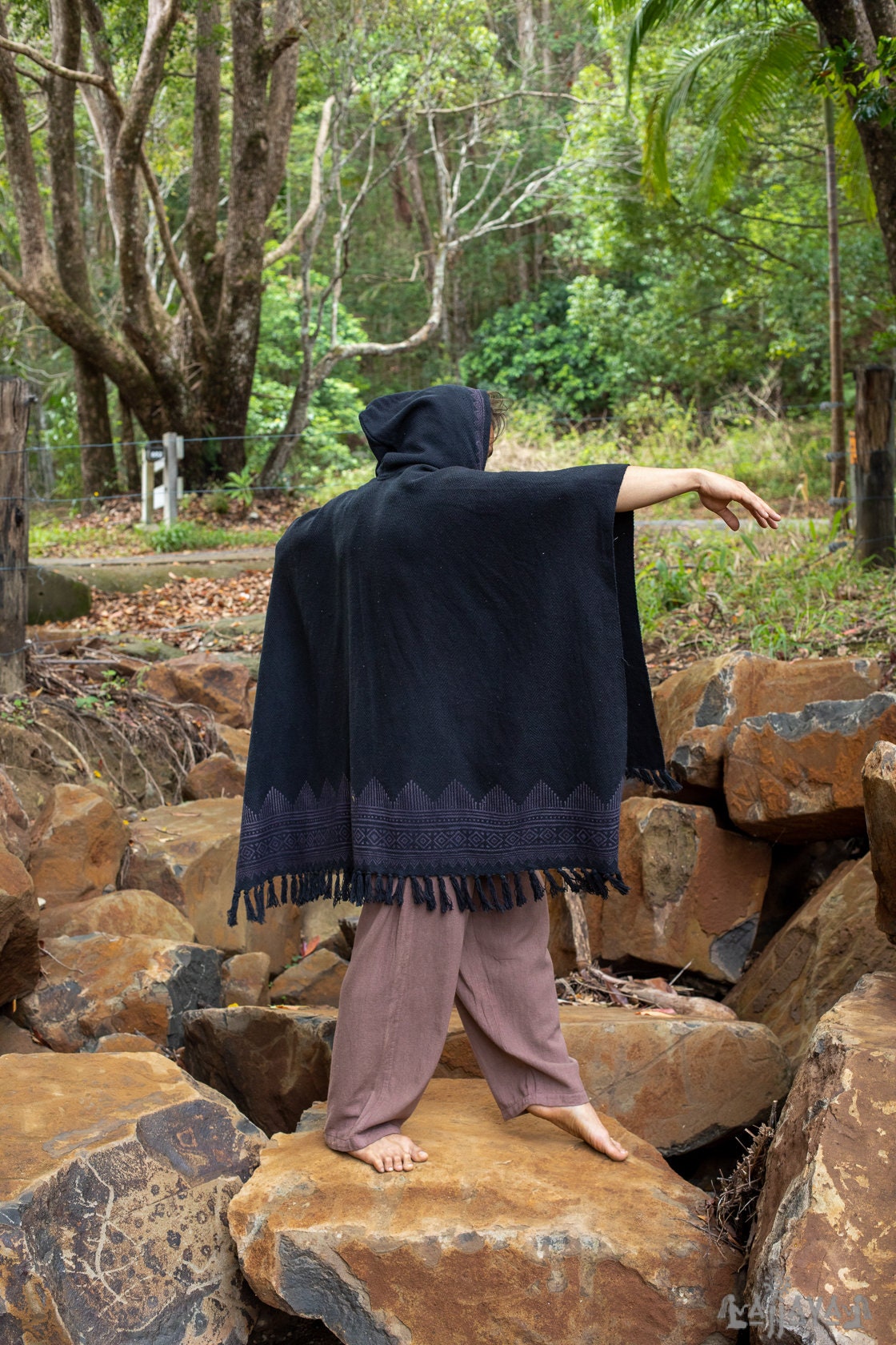 ANAGAMI Black Hooded Kimono Cape Poncho Robe Block Printed Natural Dyed Ceremony Ritual Shaman Tribal Alchemy Sacred Shawl Festival AJJAYA