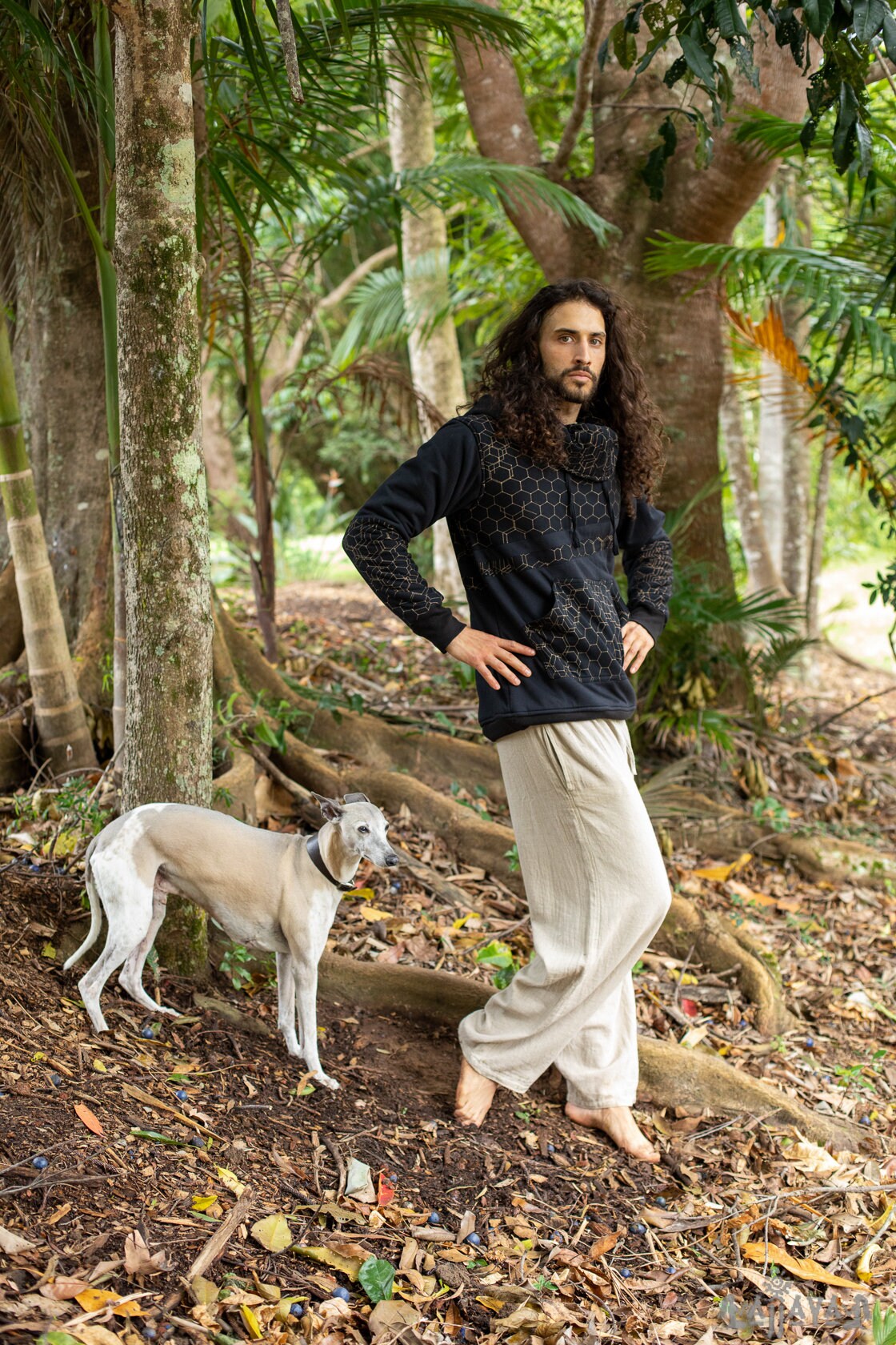 HEXA Thick Hooded Fleece Warm Turtle Neck Jumper Pullover Black Hexagon Geometric Patterns Pockets Thumb Gloves Festival Tribal Gypsy AJJAYA