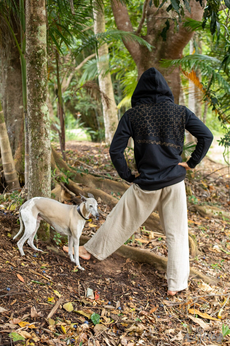 HEXA Thick Hooded Fleece Warm Turtle Neck Jumper Pullover Black Hexagon Geometric Patterns Pockets Thumb Gloves Festival Tribal Gypsy AJJAYA