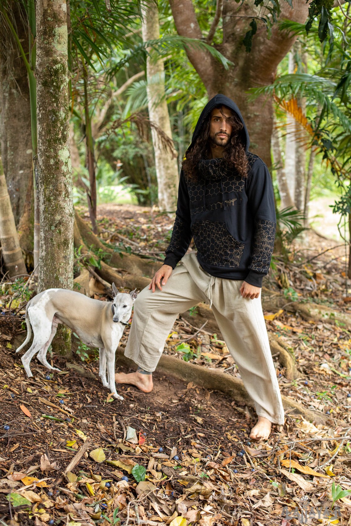 HEXA Thick Hooded Fleece Warm Turtle Neck Jumper Pullover Black Hexagon Geometric Patterns Pockets Thumb Gloves Festival Tribal Gypsy AJJAYA