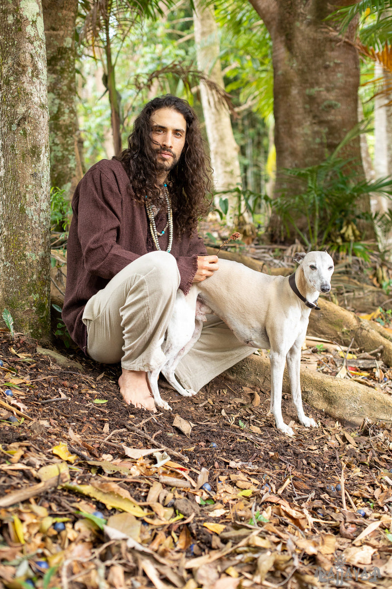 Mens Brown Long Sleeve Top Handmade Neo Matrix Apocalyptic Shirt, Gypsy Earthy Rugged Tribal Nomadic Ethnic Festival Rave Primitive AJJAYA