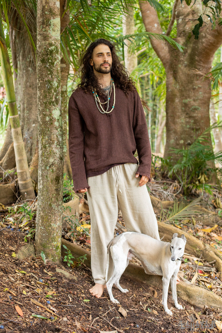 Mens Long Sleeve Top Handmade Neo Matrix Beige Apocalyptic Shirt, Gypsy Earthy Jungle Tribal Nomadic Ethnic Festival Rave Primitive AJJAYA
