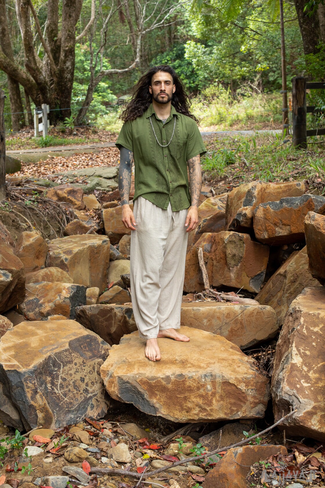 PABLO Green Mens Loose Button Down Collar Shirt Cotton Short Sleeve Top Naturally Dyed Block Printed Pattern Front Pocket Handmade AJJAYA