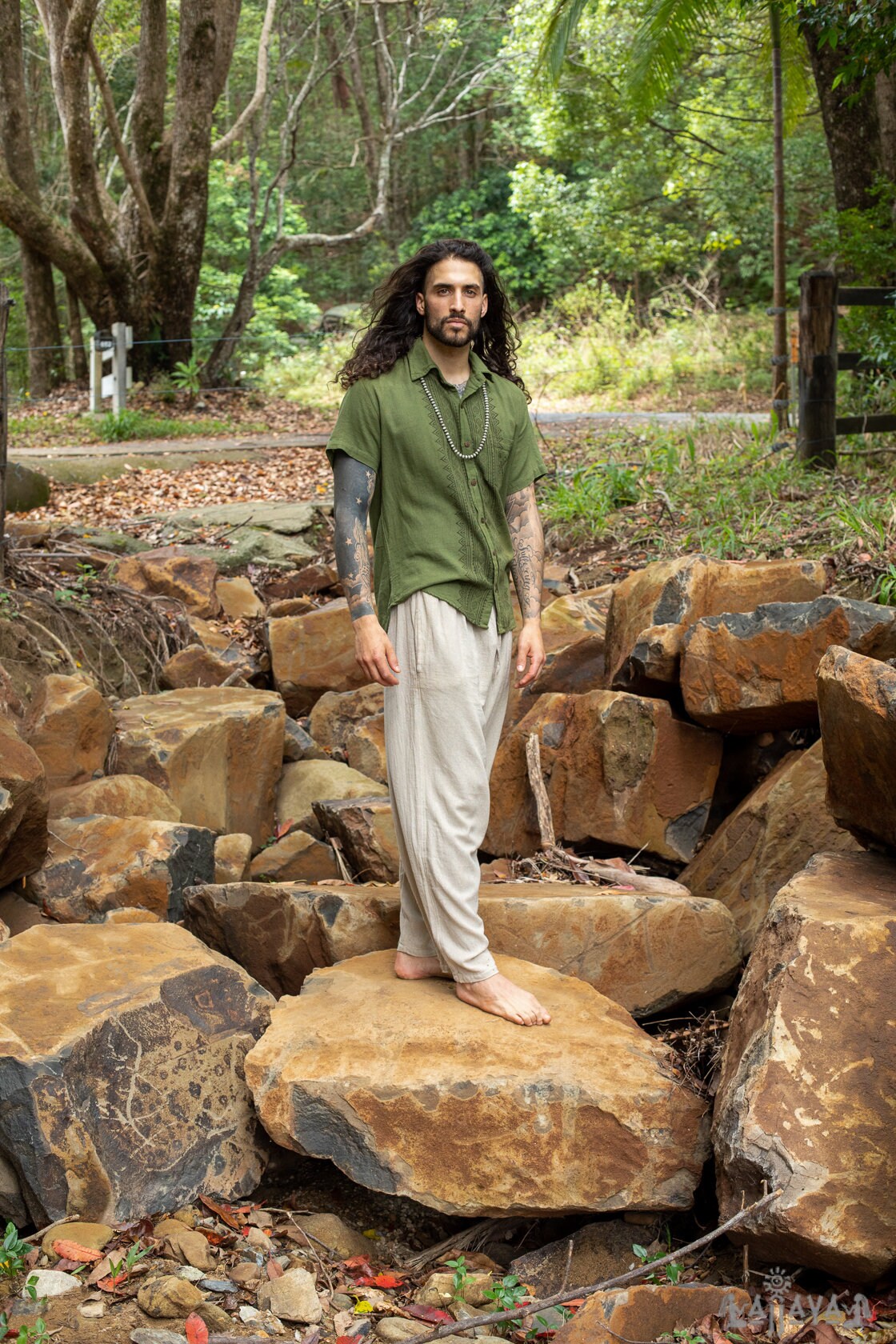 PABLO Green Mens Loose Button Down Collar Shirt Cotton Short Sleeve Top Naturally Dyed Block Printed Pattern Front Pocket Handmade AJJAYA