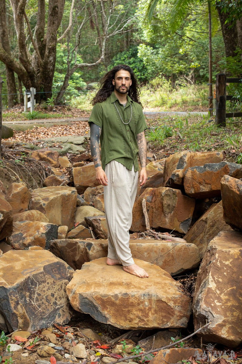 PABLO Green Mens Loose Button Down Collar Shirt Cotton Short Sleeve Top Naturally Dyed Block Printed Pattern Front Pocket Handmade AJJAYA