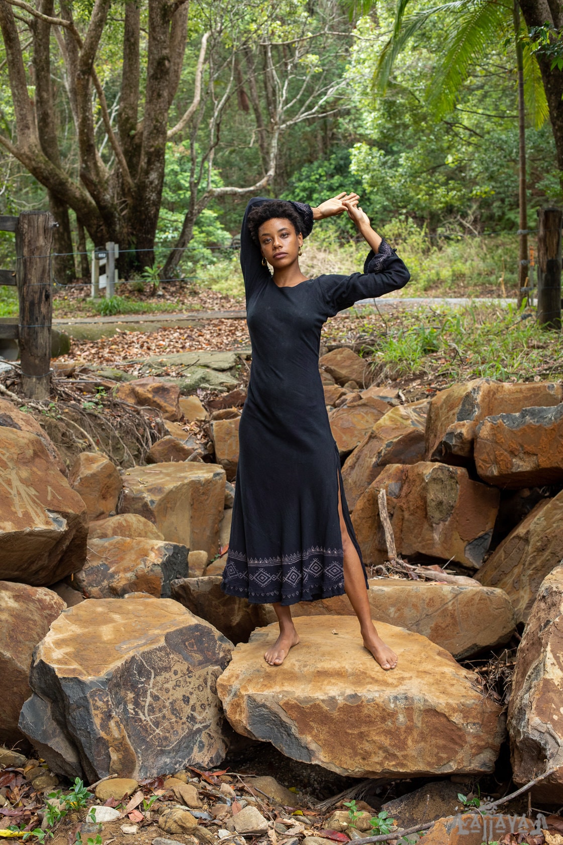 MISTIK Dress Maxi Night Black Long Sleeve Hooded Ankle Length Natural Dyed Cotton Block Printed Pattern Fairy Gypsy Boho Festival AJJAYA