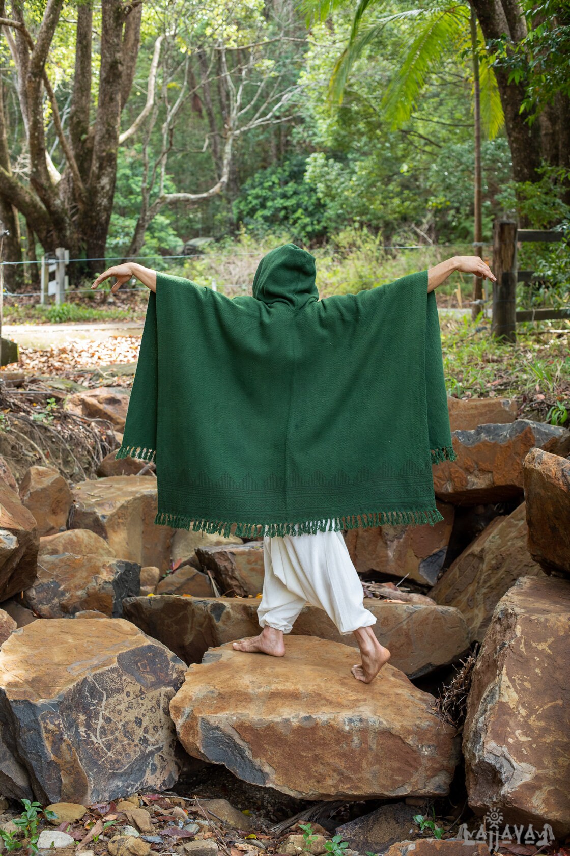 ANAGAMI Dark Green Hooded Kimono Cape Poncho Robe Block Printed Natural Dyed Ceremony Ritual Shaman Tribal Alchemy Sacred Shawl Wrap AJJAYA
