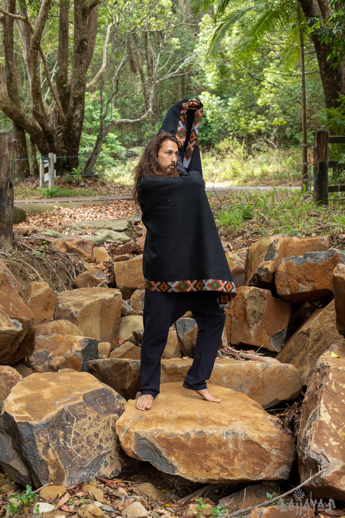 SADHU Black Shawl Handwoven Wool Meditation Prayer Scarf Blanket Premium Pure Cashmere Winter Tribal Zen Embroidery Boho Wrap AJJAYA