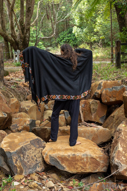 SADHU Shawl Black Handwoven Wool Meditation Prayer Scarf Blanket Premium Pure Cashmere Winter Tribal Zen Embroidery Boho Wrap AJJAYA