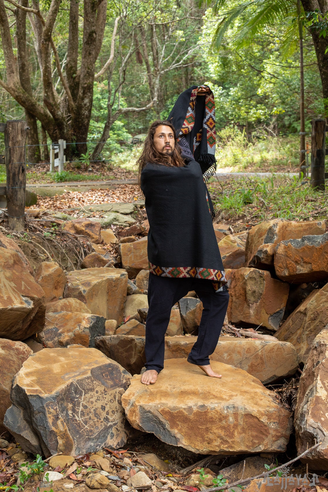 SADHU Black Handwoven Shawl Wool Meditation Prayer Scarf Blanket Premium Pure Cashmere Winter Tribal Zen Embroidery Boho Wrap AJJAYA