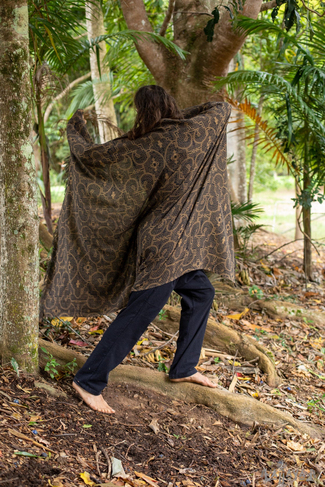 SHIPIBO Écharpe Coton Châle Noir Or Géométrie Sacrée Motif Festival Rituel Cérémonie Chamanique Ethnique Gypsy Boho Sarong Wrap Shaman AJJAYA