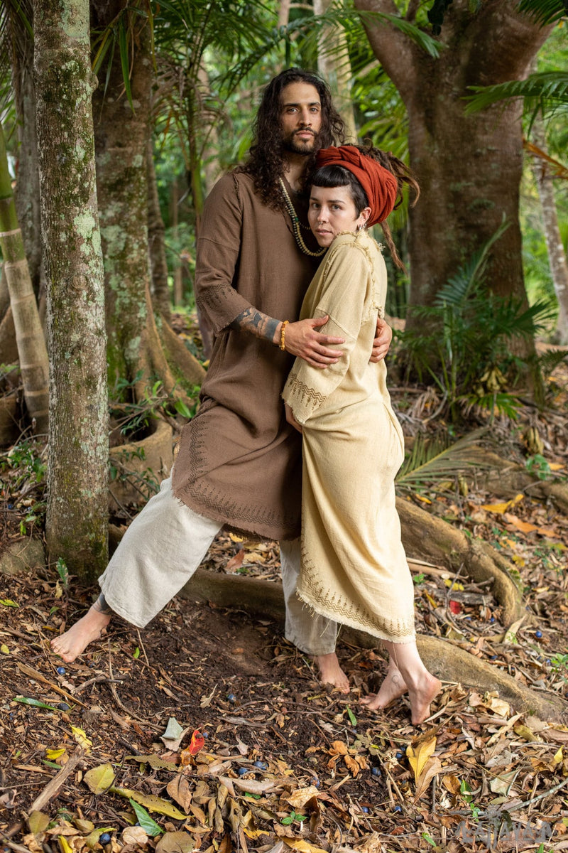 YOSEPH Brown Aramaic Gown Kurta Long Top Male Dress Shirt Biblical Natural Cotton Handwoven Block Print Natural Plant Dye Ceremony AJJAYA