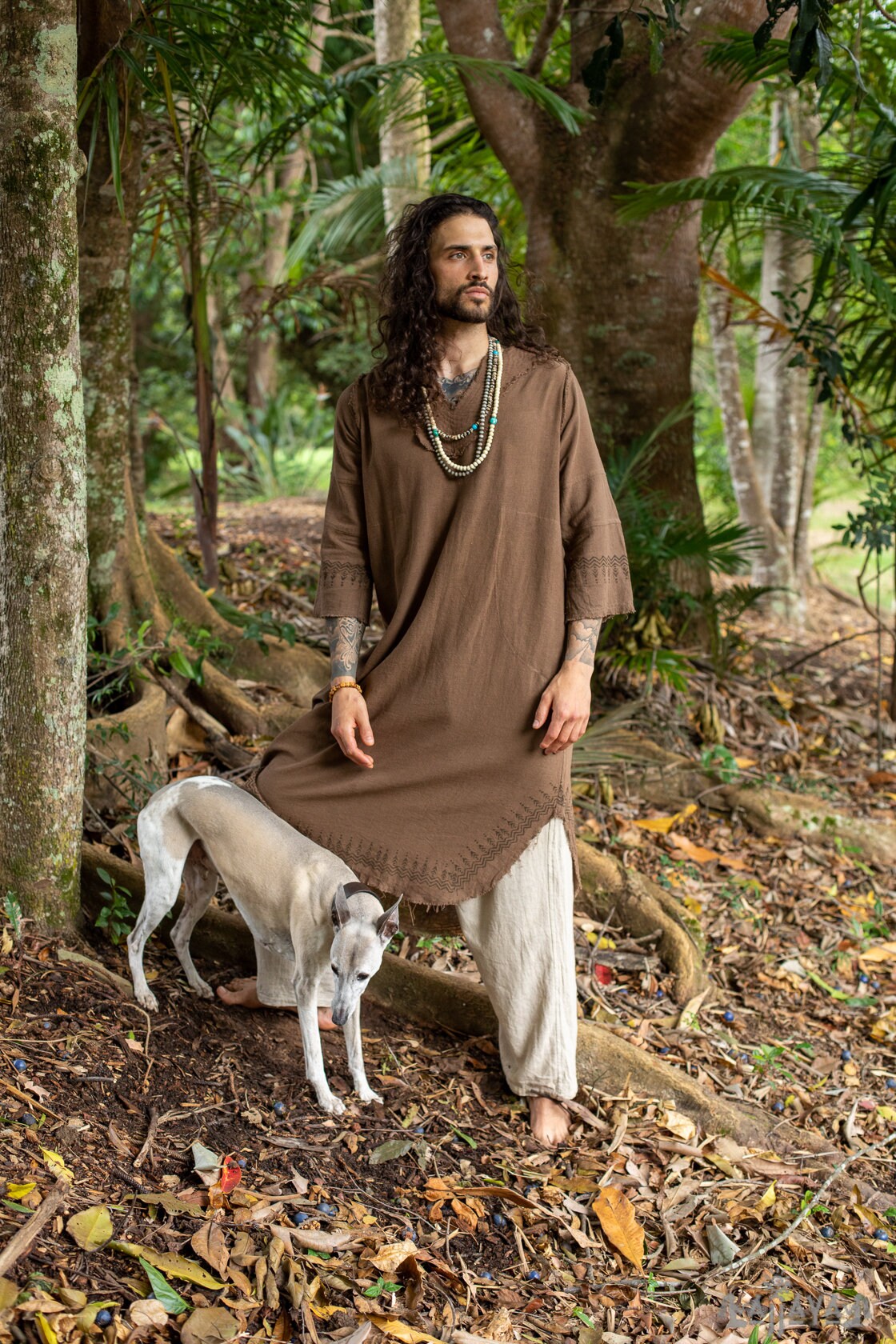 YOSEPH Brown Aramaic Gown Kurta Long Top Male Dress Shirt Biblical Natural Cotton Handwoven Block Print Natural Plant Dye Ceremony AJJAYA