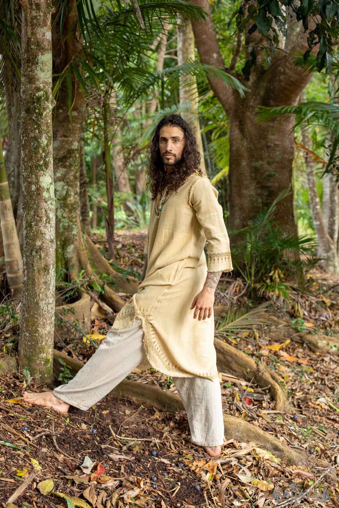 YOSEPH Beige Aramaic Gown Kurta Long Top Mens Dress Shirt Biblical Natural Cotton Handwoven Block Print Natural Plant Dye Ceremony AJJAYA