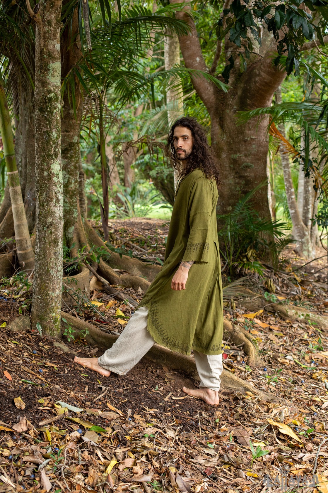 YOSEPH Green Aramaic Gown Kurta Long Top Mens Dress Shirt Biblical Natural Cotton Handwoven Block Print Natural Plant Dye Ceremony AJJAYA