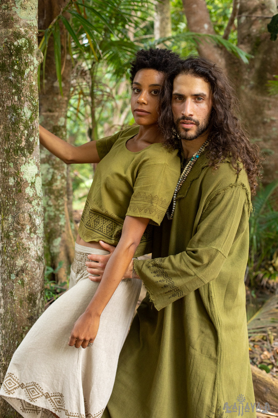 YOSEPH Green Aramaic Gown Kurta Long Top Mens Dress Shirt Biblical Natural Cotton Handwoven Block Print Natural Plant Dye Ceremony AJJAYA