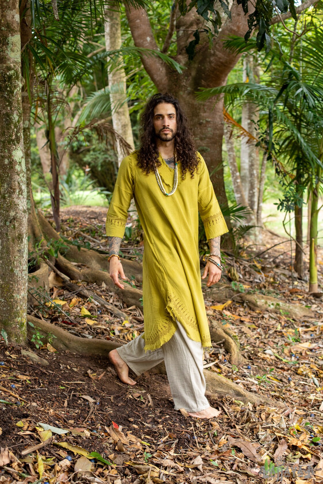 YOSEPH Yellow Aramaic Gown Kurta Long Top Mens Dress Shirt Biblical Natural Cotton Handwoven Block Print Natural Plant Dye Ceremony AJJAYA