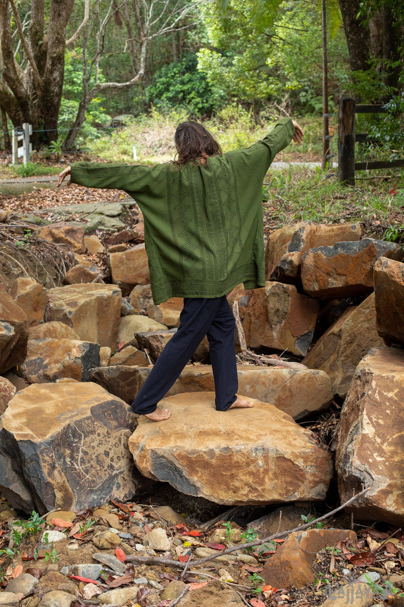 KHAL Dark Green Mens Open Cotton Shirt Top Handwoven Natural Eco Dyed Block Printed Buttonless Gypsy Tribal Primitive Festival Vest AJJAYA