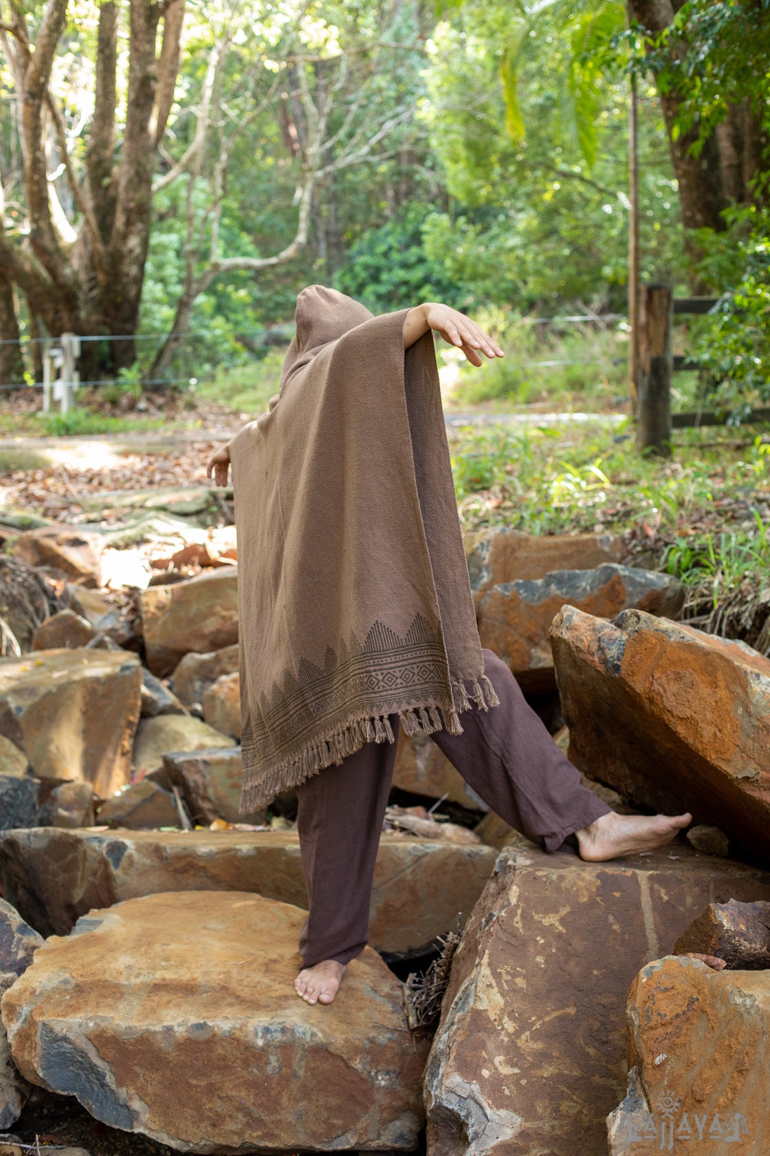 ANAGAMI Brown Hooded Kimono Cape Poncho Robe Block Printed Natural Dyed Ceremony Ritual Shaman Tribal Alchemy Sacred Shawl Wrap Rave AJJAYA