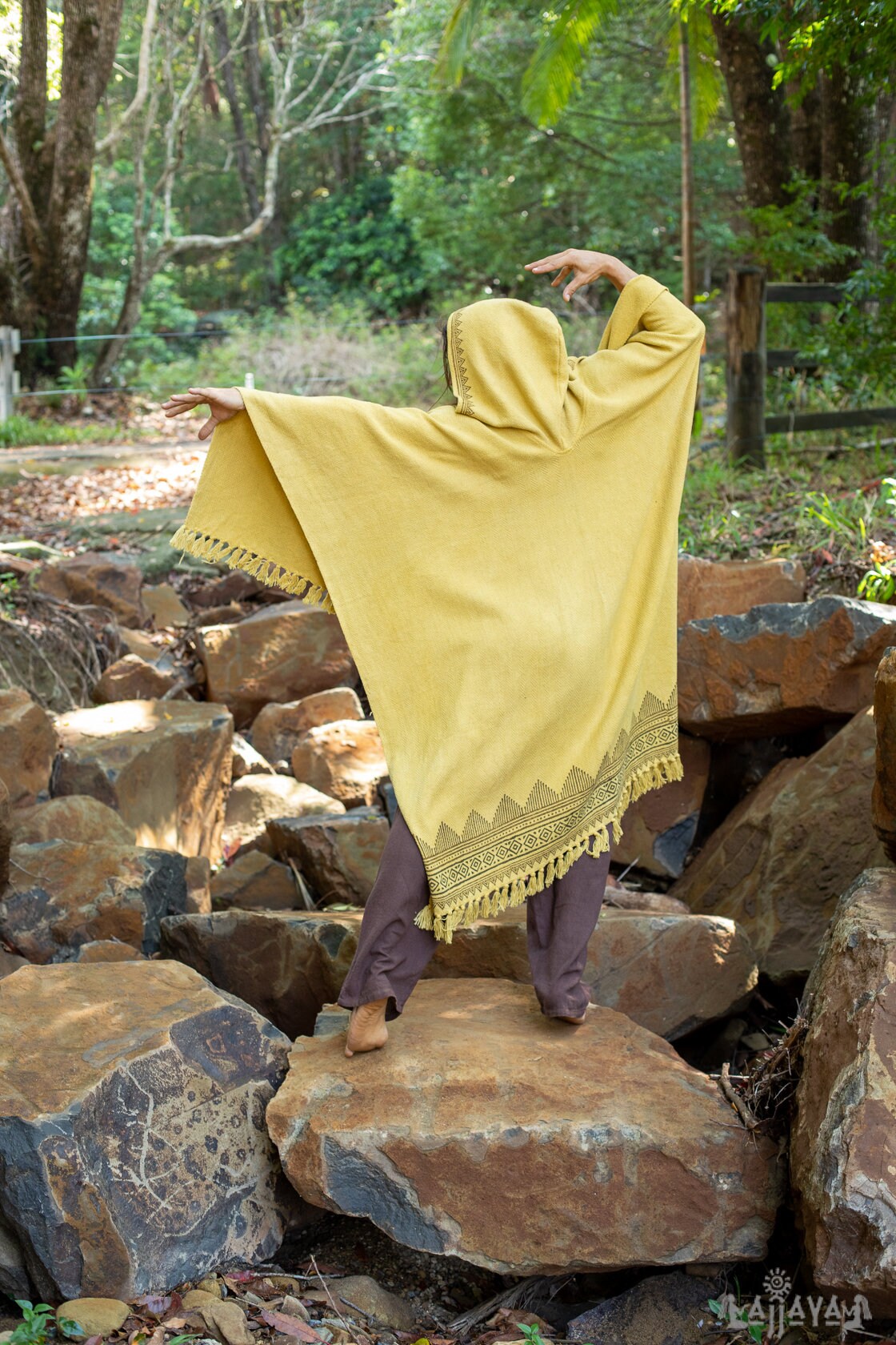 ANAGAMI Mustard Yellow Hooded Kimono Cape Poncho Robe Block Printed Natural Dyed Ceremony Ritual Shaman Tribal Alchemy Sacred Shawl AJJAYA