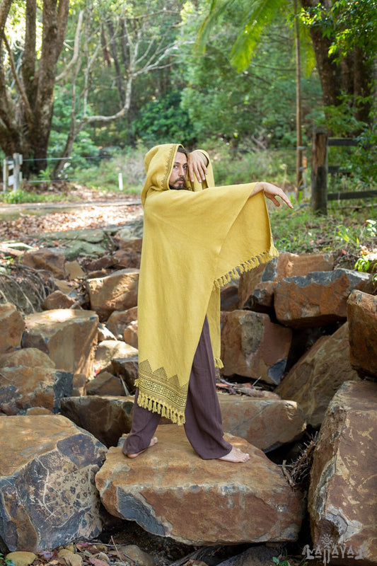 ANAGAMI Mustard Yellow Hooded Kimono Cape Poncho Robe Block Printed Natural Dyed Ceremony Ritual Shaman Tribal Alchemy Sacred Shawl AJJAYA
