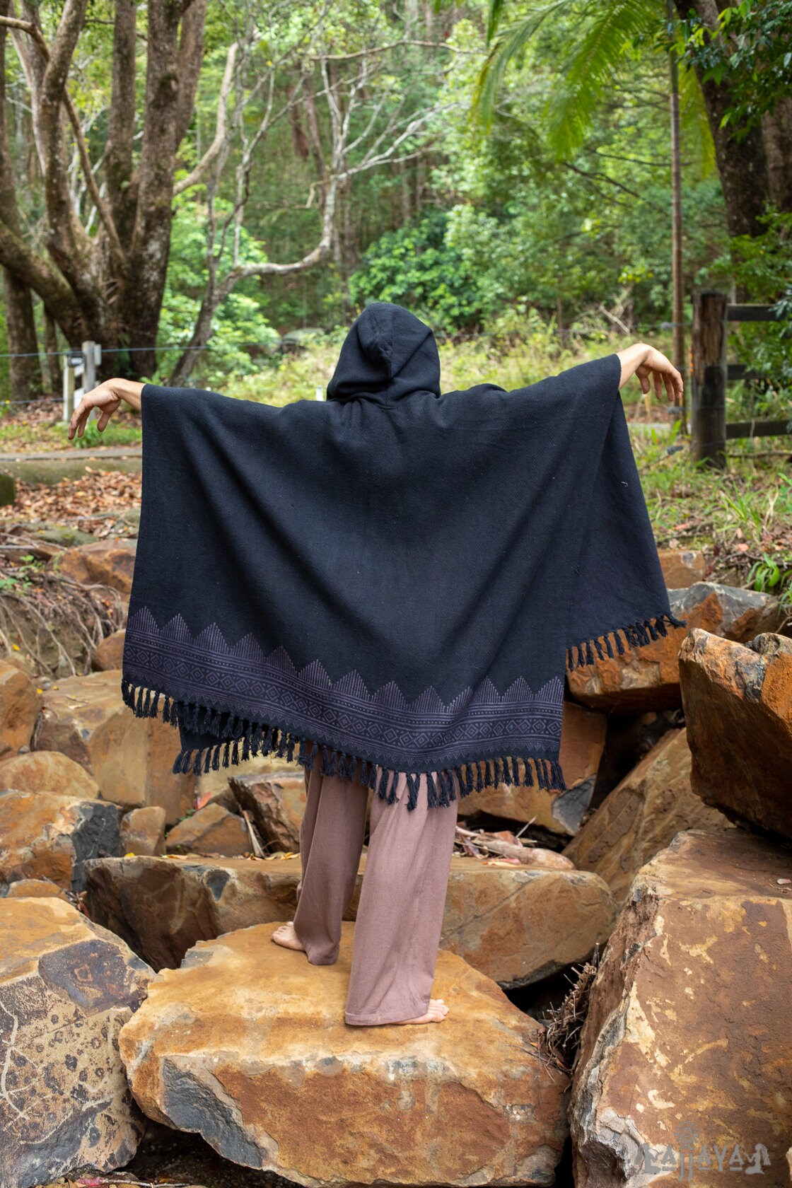 ANAGAMI Black Hooded Kimono Cape Poncho Robe Block Printed Natural Dyed Ceremony Ritual Shaman Tribal Alchemy Sacred Shawl Festival AJJAYA