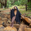 ANAGAMI Black Hooded Kimono Cape Poncho Robe Block Printed Natural Dyed Ceremony Ritual Shaman Tribal Alchemy Sacred Shawl Festival AJJAYA