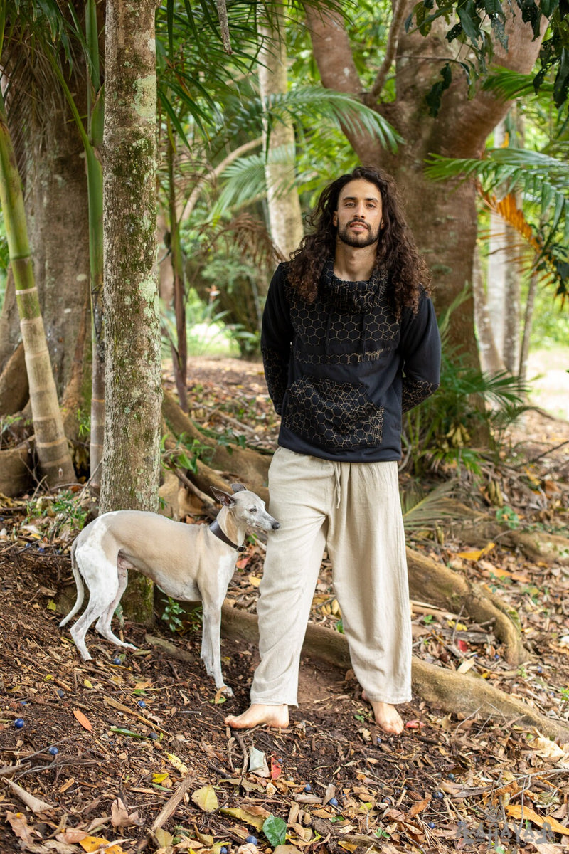 HEXA Thick Hooded Fleece Warm Turtle Neck Jumper Pullover Black Hexagon Geometric Patterns Pockets Thumb Gloves Festival Tribal Gypsy AJJAYA