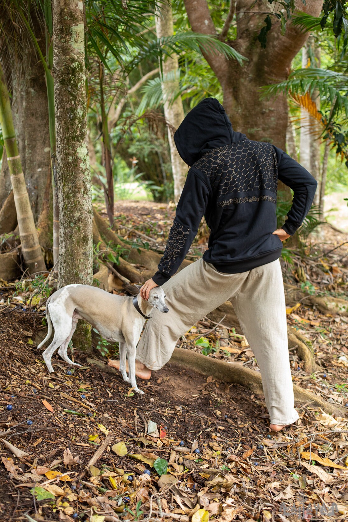 HEXA Thick Hooded Fleece Warm Turtle Neck Jumper Pullover Black Hexagon Geometric Patterns Pockets Thumb Gloves Festival Tribal Gypsy AJJAYA