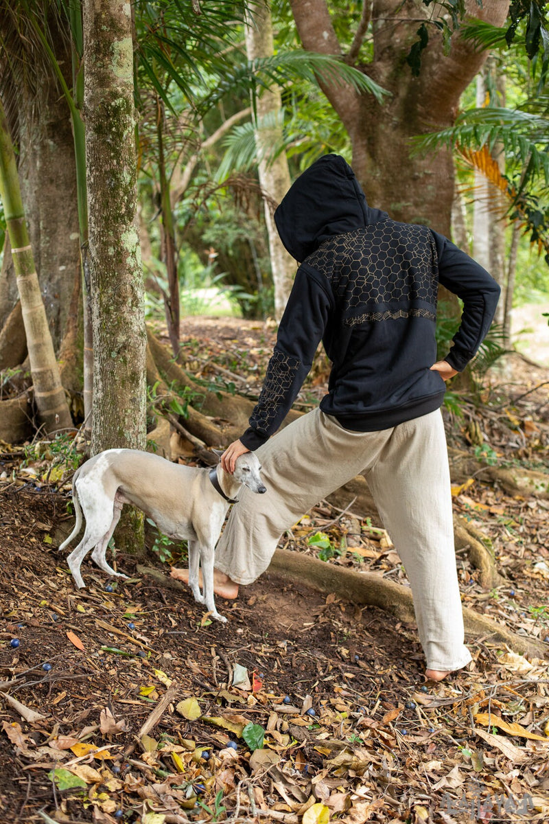 HEXA Thick Hooded Fleece Warm Turtle Neck Jumper Pullover Black Hexagon Geometric Patterns Pockets Thumb Gloves Festival Tribal Gypsy AJJAYA