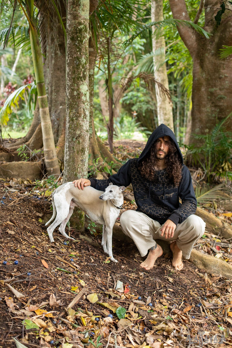 HEXA Thick Hooded Fleece Warm Turtle Neck Jumper Pullover Black Hexagon Geometric Patterns Pockets Thumb Gloves Festival Tribal Gypsy AJJAYA