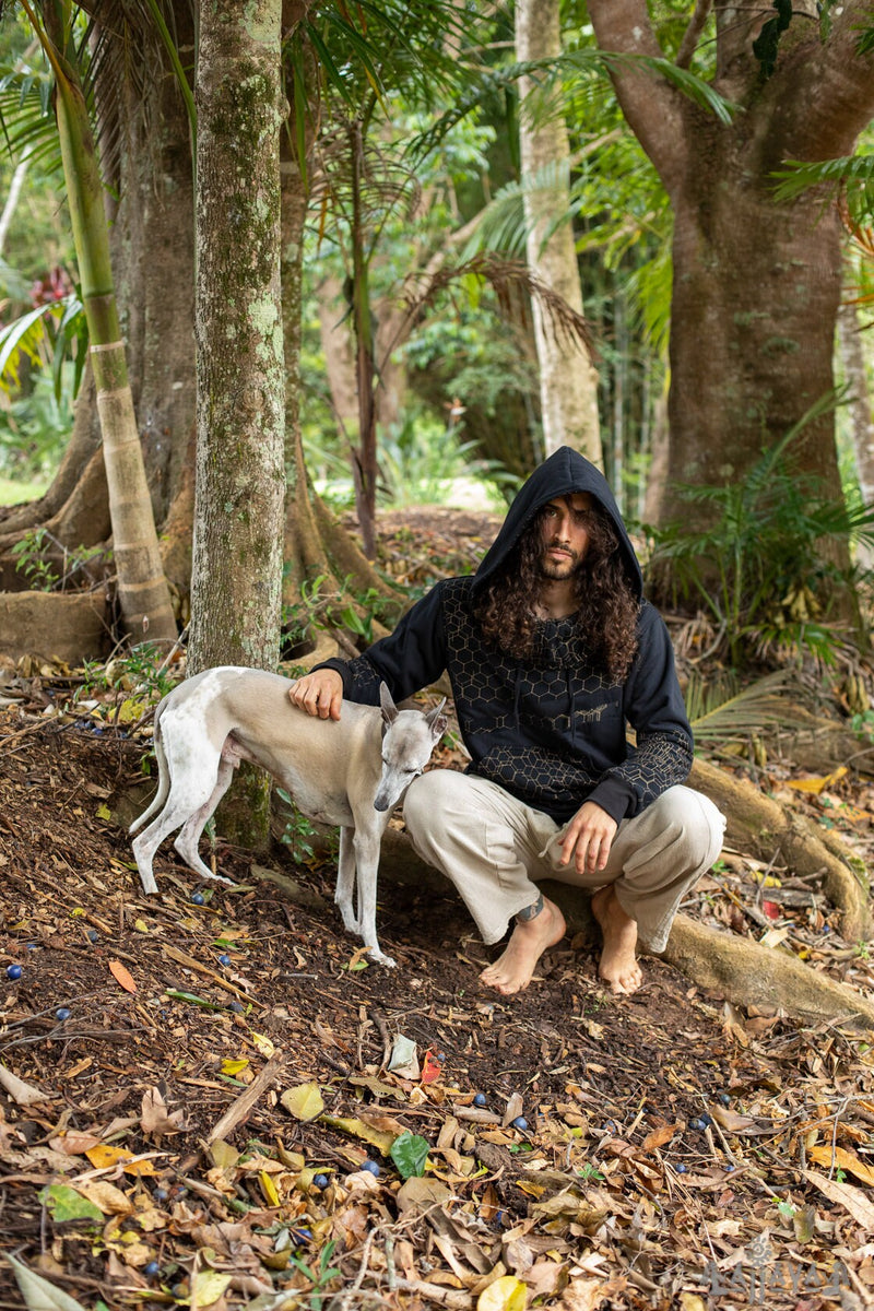 HEXA Thick Hooded Fleece Warm Turtle Neck Jumper Pullover Black Hexagon Geometric Patterns Pockets Thumb Gloves Festival Tribal Gypsy AJJAYA