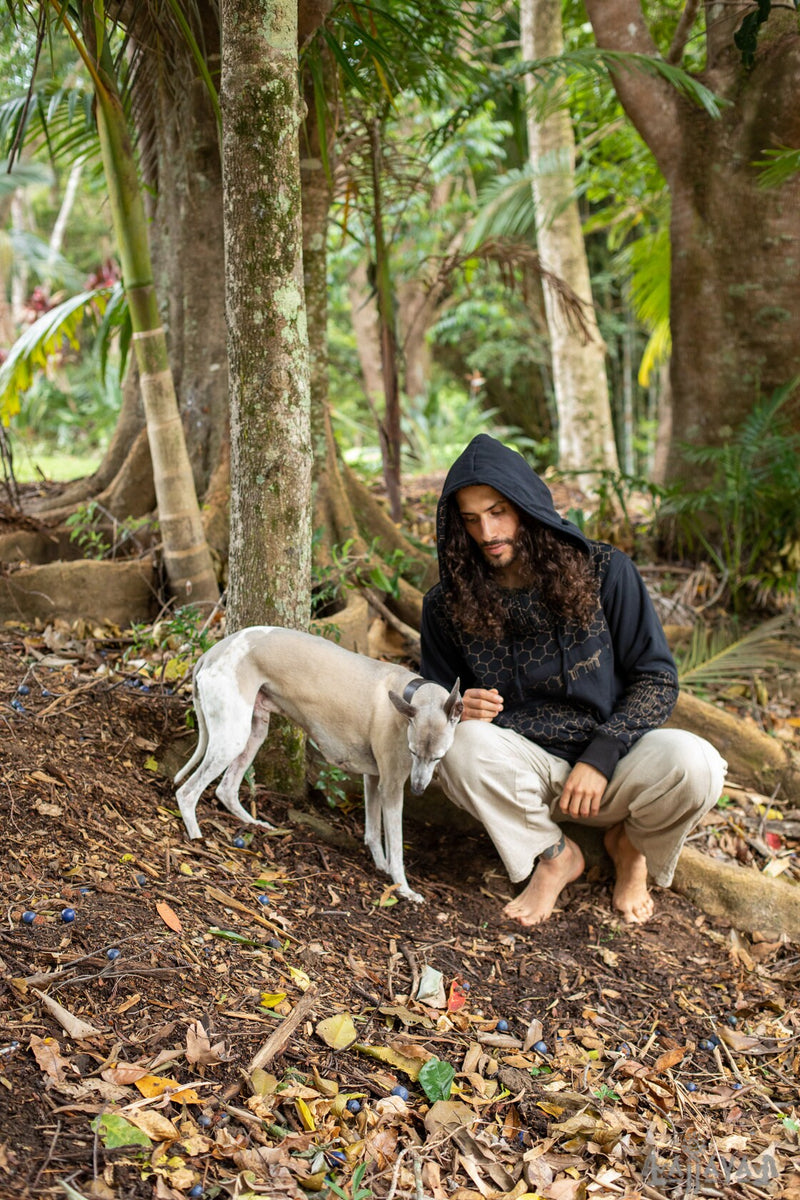 HEXA Thick Hooded Fleece Warm Turtle Neck Jumper Pullover Black Hexagon Geometric Patterns Pockets Thumb Gloves Festival Tribal Gypsy AJJAYA