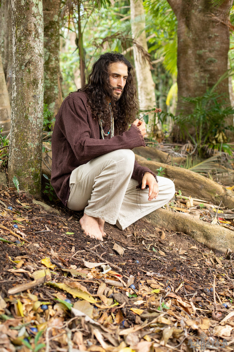 Mens Brown Long Sleeve Top Handmade Neo Matrix Apocalyptic Shirt, Gypsy Earthy Rugged Tribal Nomadic Ethnic Festival Rave Primitive AJJAYA