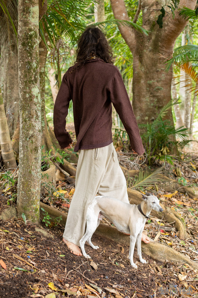 Mens Brown Long Sleeve Top Handmade Neo Matrix Apocalyptic Shirt, Gypsy Earthy Rugged Tribal Nomadic Ethnic Festival Rave Primitive AJJAYA