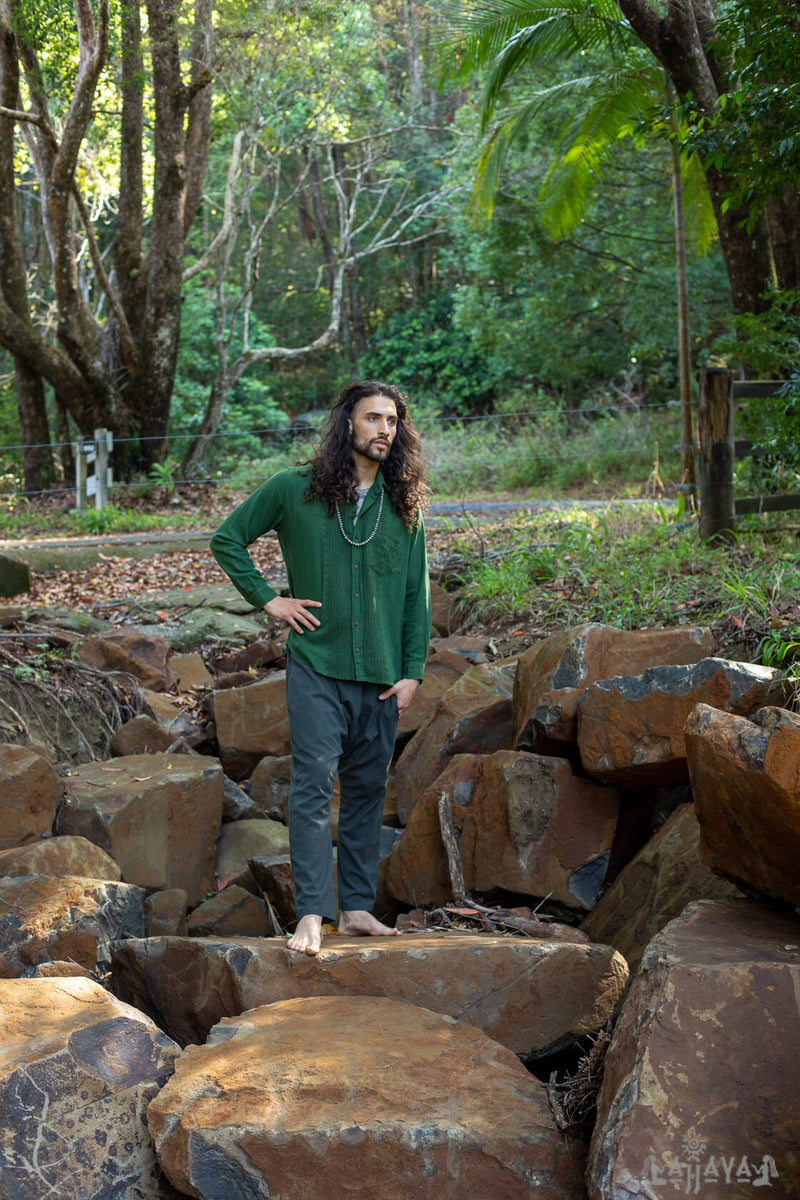 PABLO Green Mens Loose Button Down Collar Shirt Cotton Long Sleeve Top Naturally Dyed Block Printed Pattern Front Pocket Handmade AJJAYA