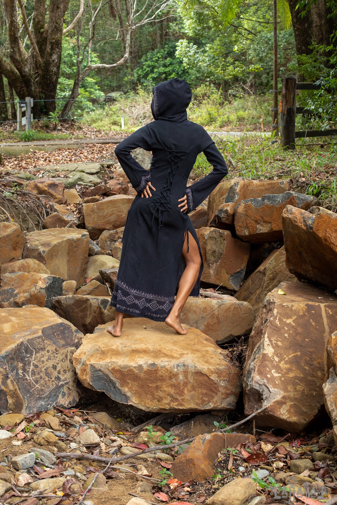 MISTIK Dress Maxi Night Black Long Sleeve Hooded Ankle Length Natural Dyed Cotton Block Printed Pattern Fairy Gypsy Boho Festival AJJAYA