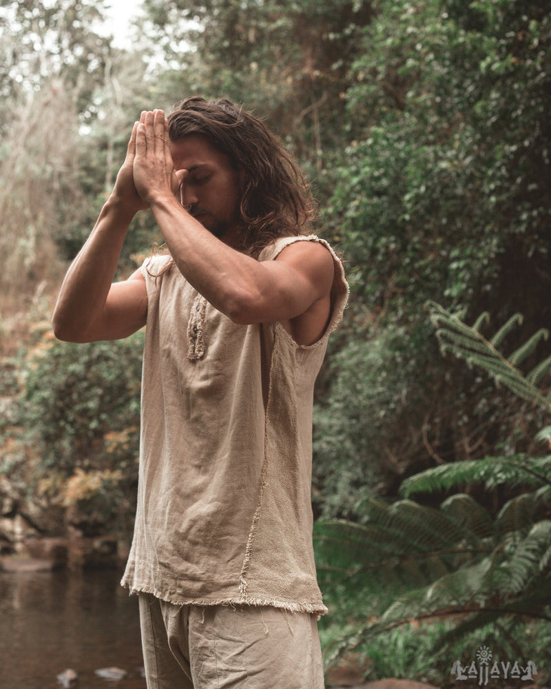 Mens Tank Top Handmade Beige Neo Gypsy Sleeveless Earthy Top Shirt, Tribal Jungle Natural Savage Neck Festival Rave AJJAYA Nomadic Primitive