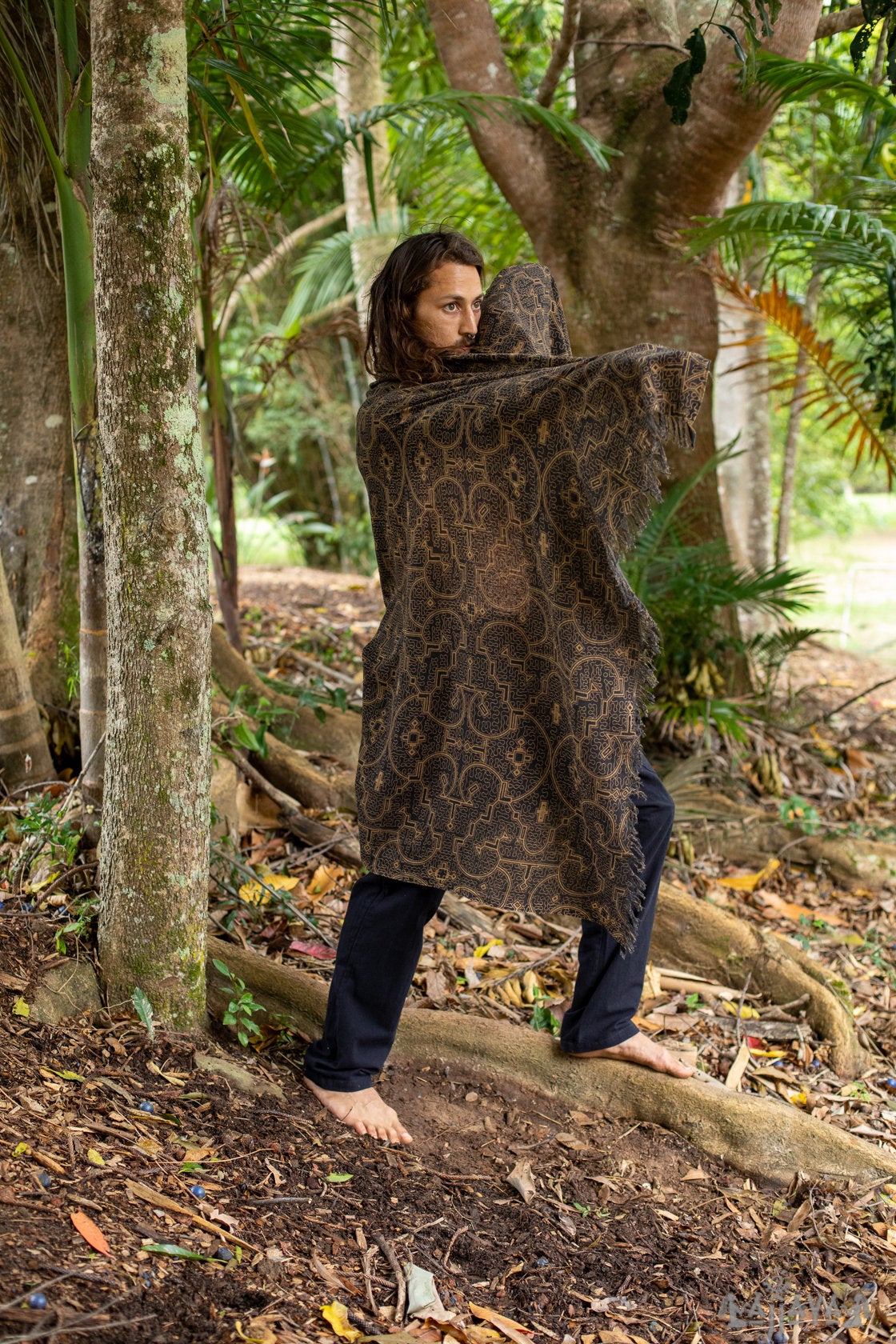 SHIPIBO Écharpe Coton Châle Noir Or Géométrie Sacrée Motif Festival Rituel Cérémonie Chamanique Ethnique Gypsy Boho Sarong Wrap Shaman AJJAYA