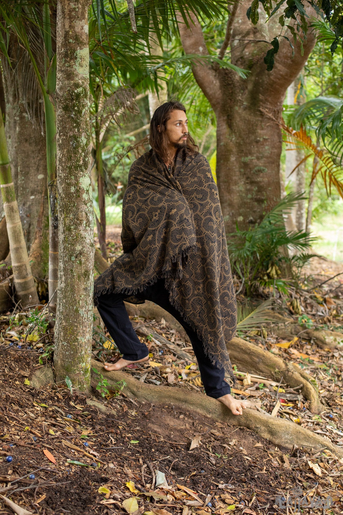 Black & Gold Cotton Shawl with Shipibo Sacred Geometry Pattern