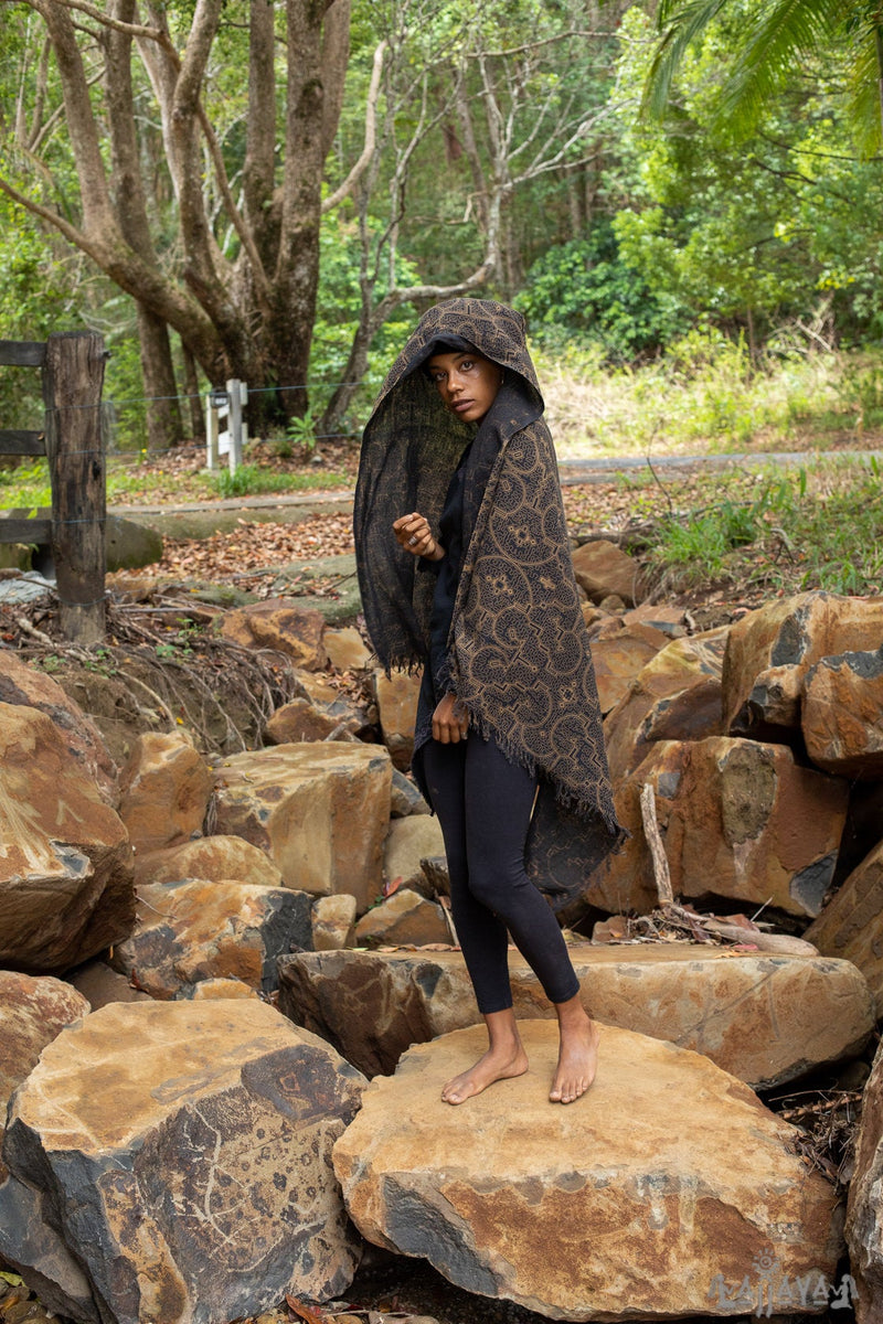 SHIPIBO Black Gold Scarf Cotton Shawl Sacred Geometry – AJJAYA