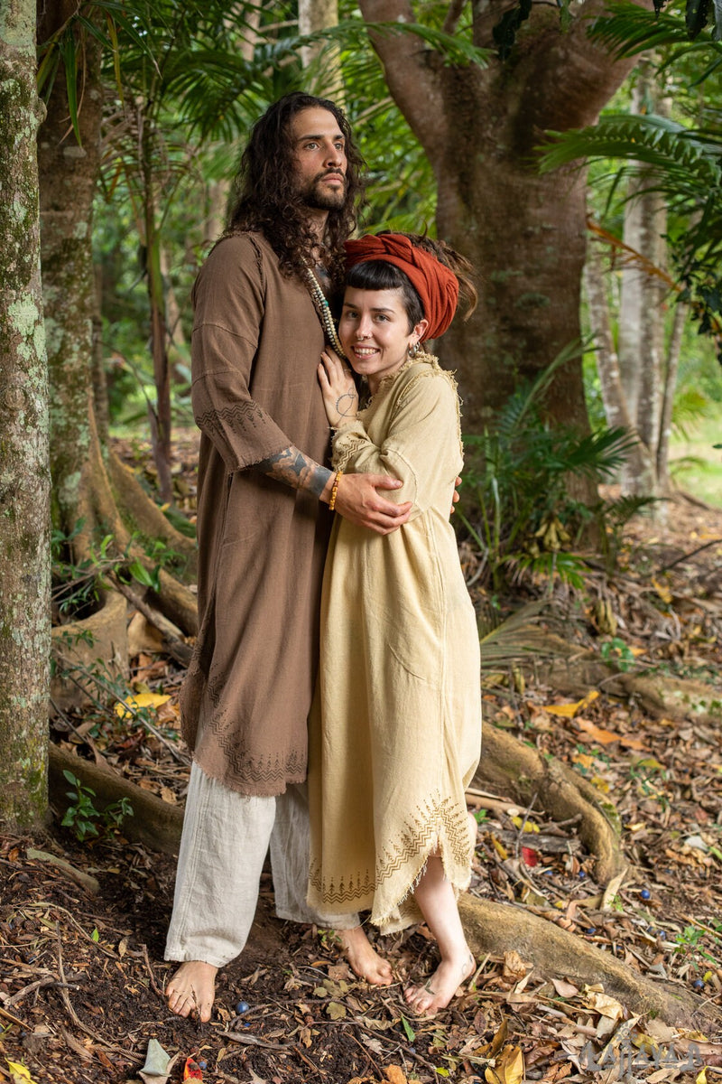 YOSEPH Brown Aramaic Gown Kurta Long Top Male Dress Shirt Biblical Natural Cotton Handwoven Block Print Natural Plant Dye Ceremony AJJAYA