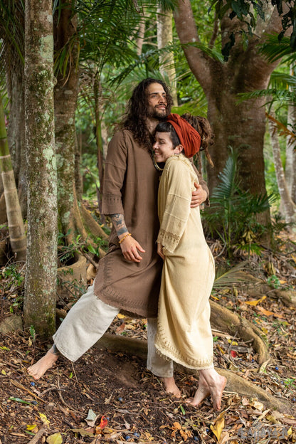YOSEPH Brown Aramaic Gown Kurta Long Top Male Dress Shirt Biblical Natural Cotton Handwoven Block Print Natural Plant Dye Ceremony AJJAYA