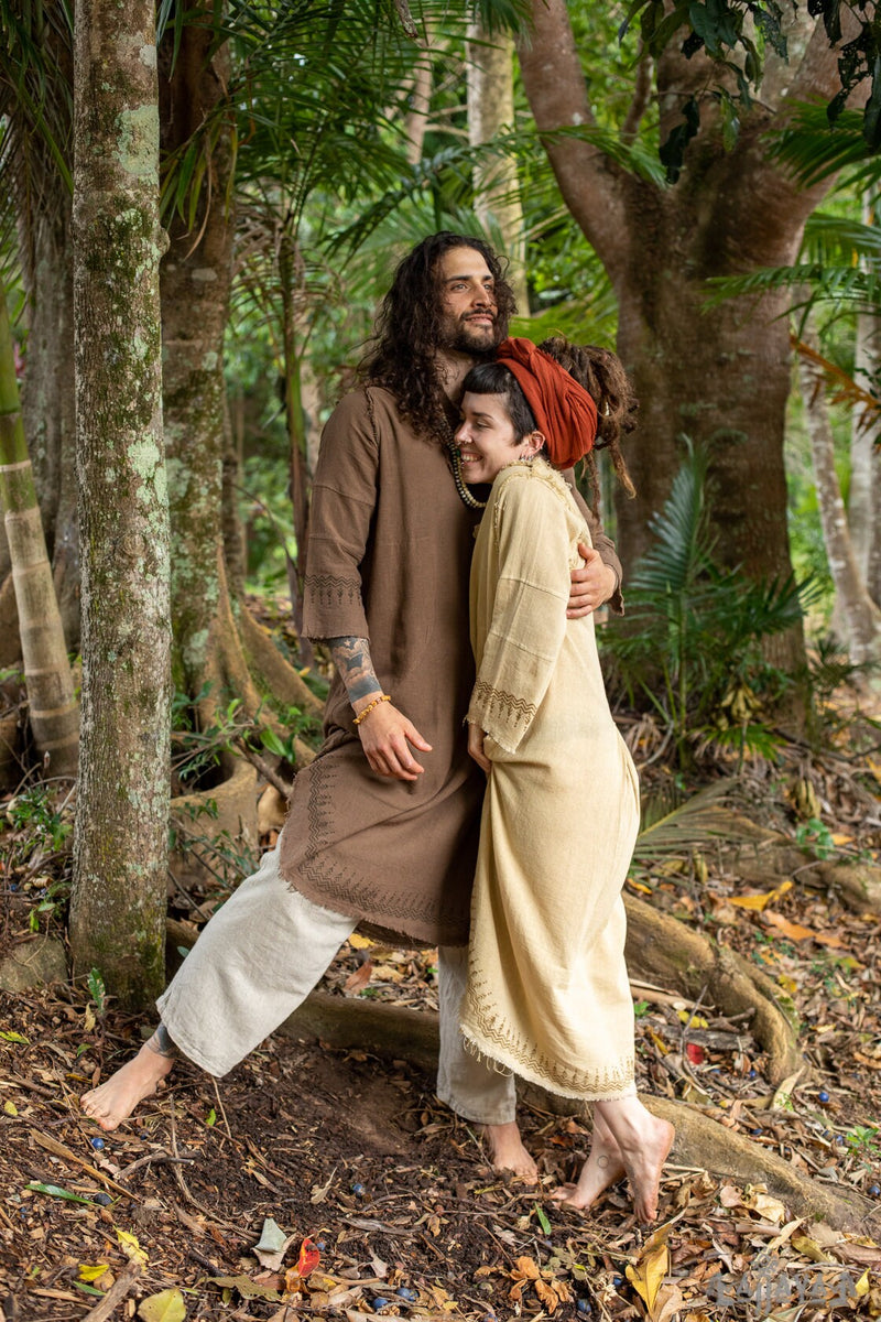 YOSEPH Brown Aramaic Gown Kurta Long Top Male Dress Shirt Biblical Natural Cotton Handwoven Block Print Natural Plant Dye Ceremony AJJAYA