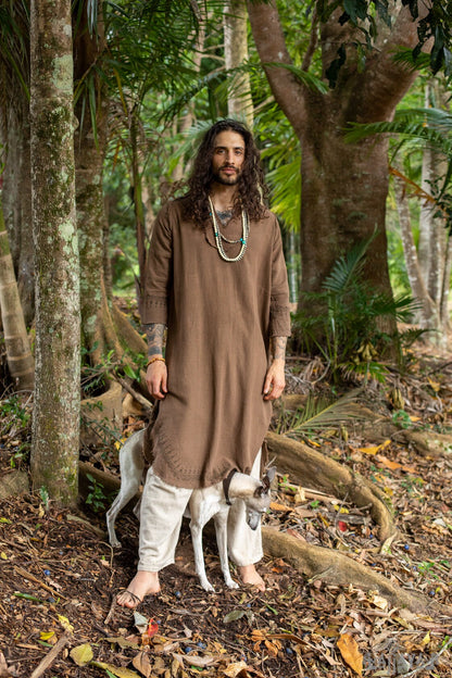 YOSEPH Brown Aramaic Gown Kurta Long Top Male Dress Shirt Biblical Natural Cotton Handwoven Block Print Natural Plant Dye Ceremony AJJAYA