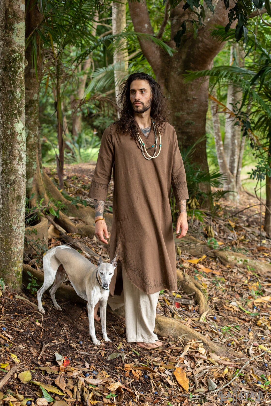 YOSEPH Brown Aramaic Gown Kurta Long Top Male Dress Shirt Biblical Natural Cotton Handwoven Block Print Natural Plant Dye Ceremony AJJAYA