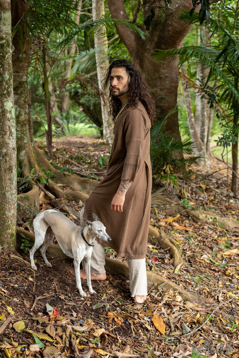 YOSEPH Brown Aramaic Gown Kurta Long Top Male Dress Shirt Biblical Natural Cotton Handwoven Block Print Natural Plant Dye Ceremony AJJAYA