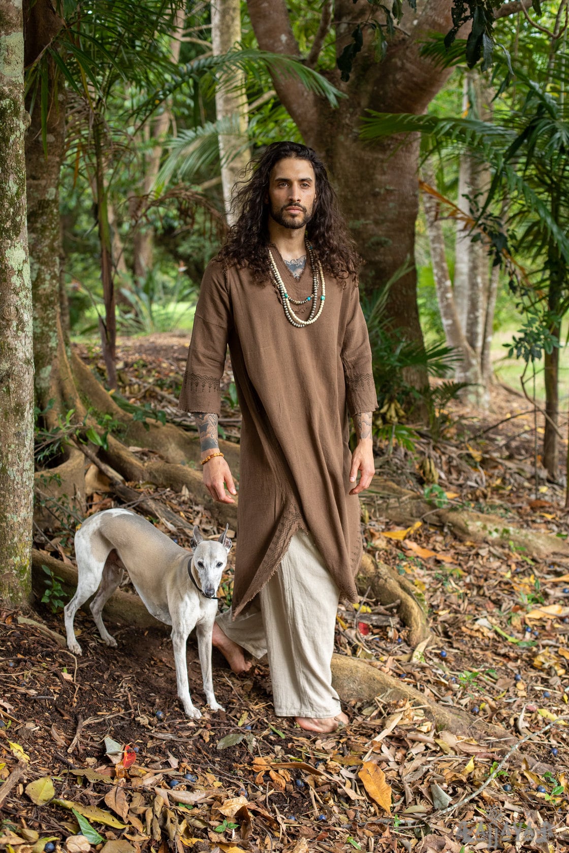 YOSEPH Brown Aramaic Gown Kurta Long Top Male Dress Shirt Biblical Natural Cotton Handwoven Block Print Natural Plant Dye Ceremony AJJAYA